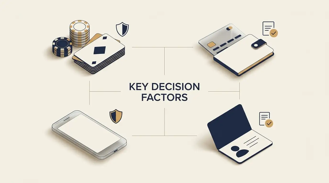 Editorial illustration comparing games, banking, mobile access and verification checkpoints