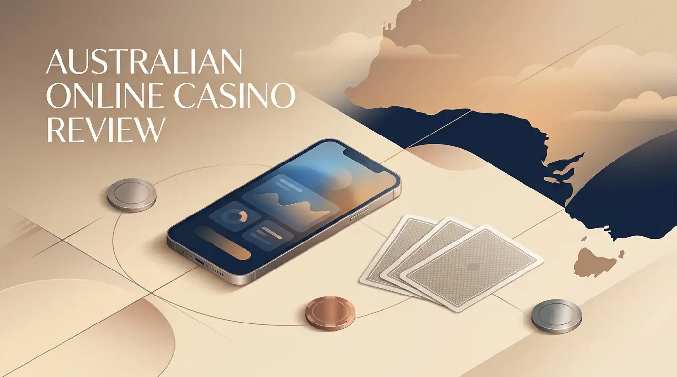 Editorial illustration of an Australian online casino review with a phone, cards and abstract gaming elements