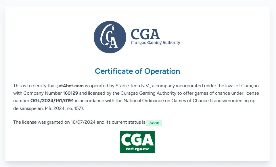 Curaçao Gaming Authority certificate for jet4bet.com
