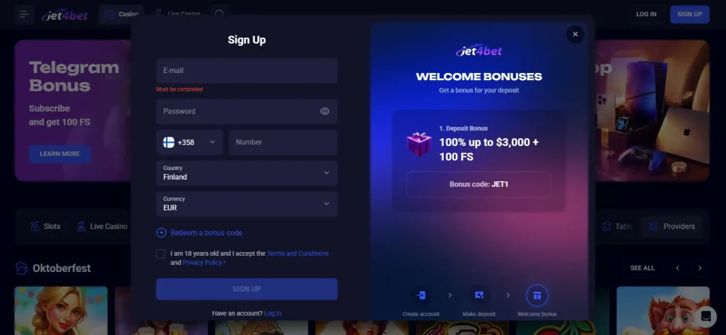 Jet4bet Australia-facing sign-up interface