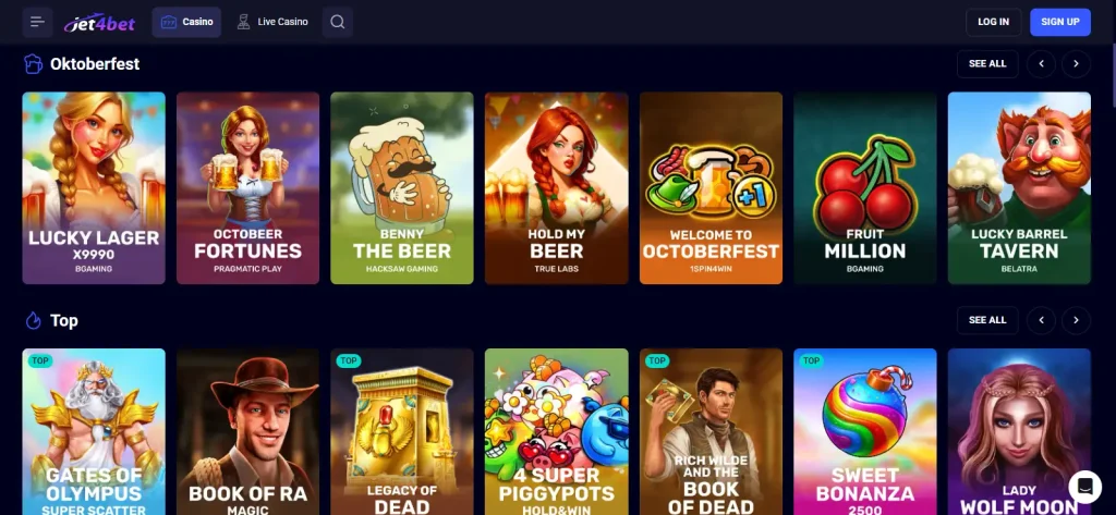 Jet4bet Australia game lobby showing pokies and casino categories