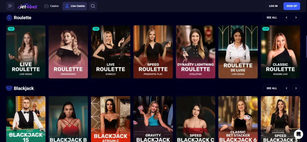 Jet4bet Australia live casino lobby showing current dealer game categories