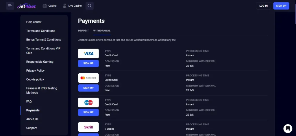 Jet4bet deposit options with current minimum and fee information visible