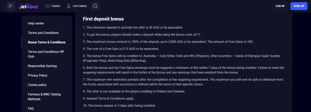Jet4bet first-deposit bonus terms showing the JET1 welcome offer