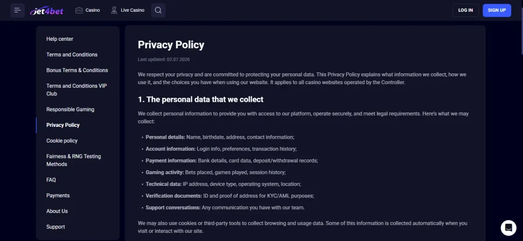 Jet4bet official verification and KYC wording