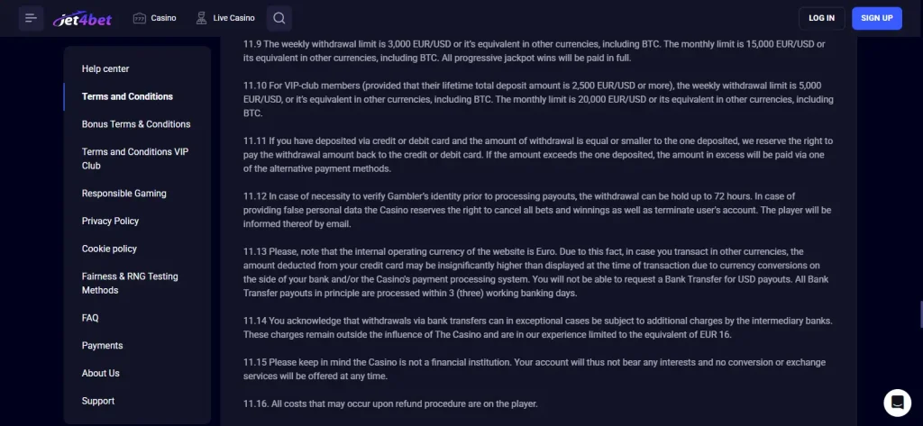 Jet4bet withdrawal policy showing current limits and identity-verification hold wording
